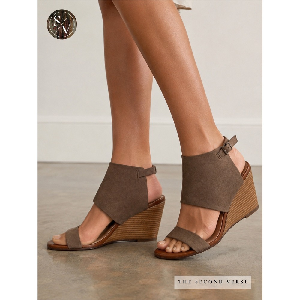 Halogen Wedge Sandals Women 8‎ Taupe Suede Ankle Strap Wood Heel Open Toe